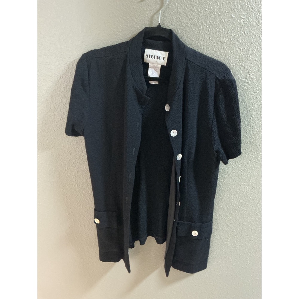 Studio I Vintage Black Textured Short Sleeve Blazer Mandarin Collar Size 14